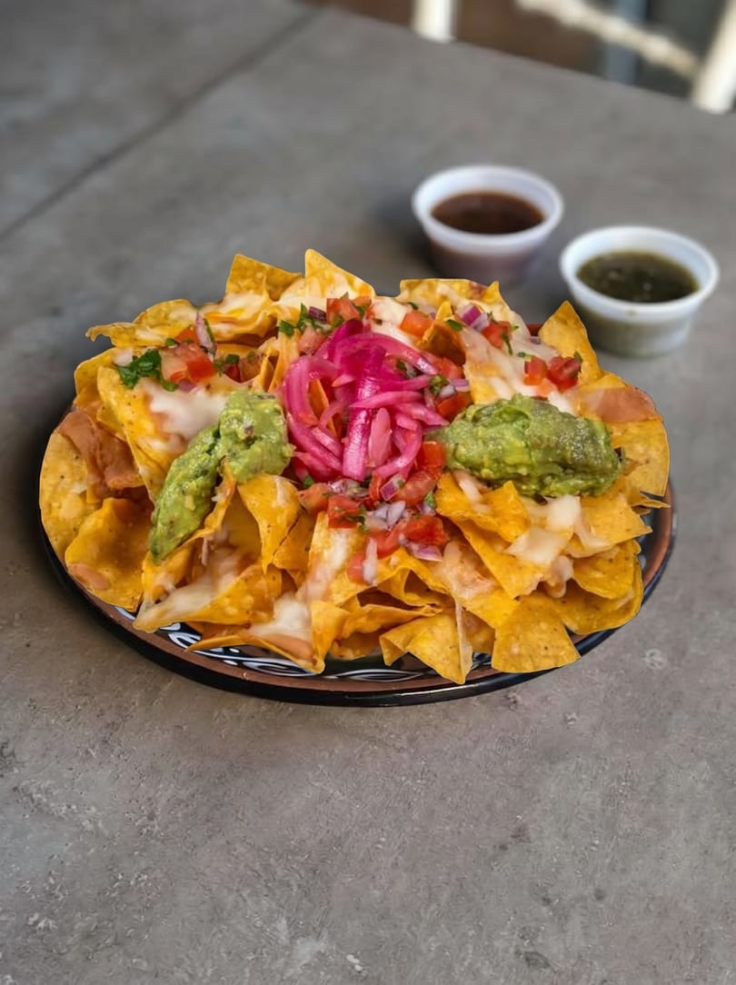 A plate of nachos with melted cheese, guacamole, pico de gallo, and pickled red onions.